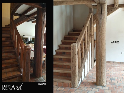 l'avant et l'après du décapage par aérogommage de poutres et escaliers en bois