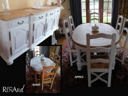 Relooking de meubles de salle à manger. Peinture blanche et vernis aspect bois naturel