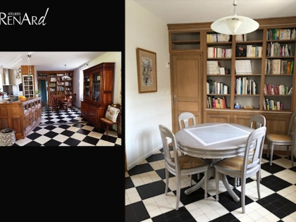 Relooking de meubles d'une salle à manger complète avec bibliothèque en vernis aspect bois naturel, ensemble de table et chaises patiné à l'essuyé