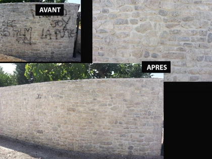 Décapage par aérogommage et nettoyage de graffitis d'un mur en pierres