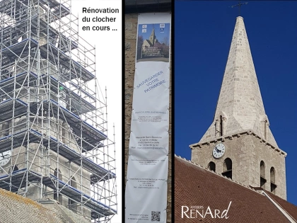 Nettoyage du clocher en pierres de l'église de St Escobilles par aérogommage