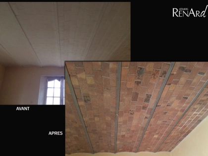 Avant et après du décapage par aérogommage et nettoyage d'un plafond, voutains en pierres et briques