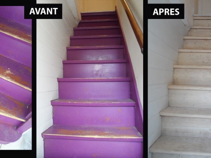 L'avant et l'après du décapage par aérogommage d'un escalier en bois peint