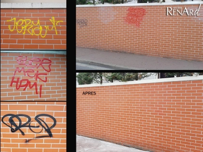 Nettoyage par aérogommage de graffitis d'un mur en briques