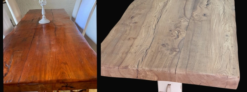 Table avec son plateau finition vernie aspect bois brut et les pieds patinés usée de lin