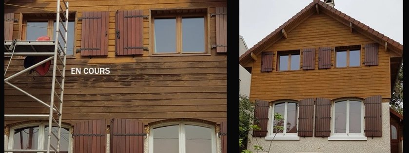 Décapage par aérogommage de façade de maison en bois