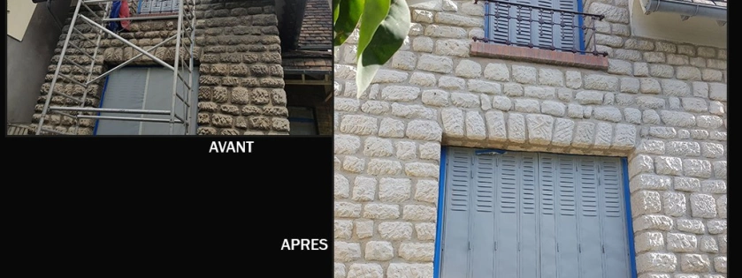 Décapage par aérogommage et nettoyage d'une façade de maison en briques et en pierres