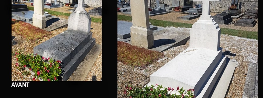 L'avant et l'après du nettoyage par aérogommage d'une tombe en pierres
