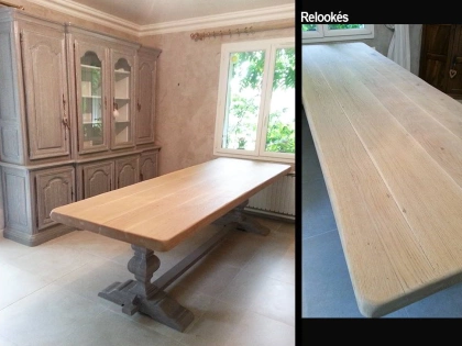 Relooking de meubles, buffet et table en chêne massif. Patine taupe et bois aspect brut