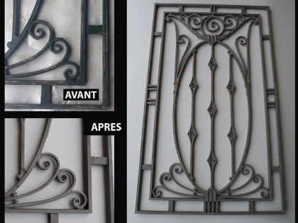 Décapage par aérogommage de grilles de porte d'entrée en métal et garde corps