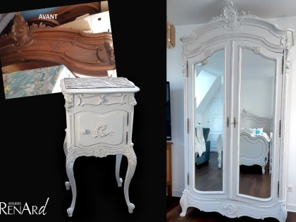 Relooking de meubles de chambre. Avec une patine usée lin et bois