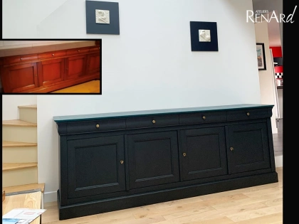 Relooking d'un meuble enfilade. Peinture noire et bleu patiné