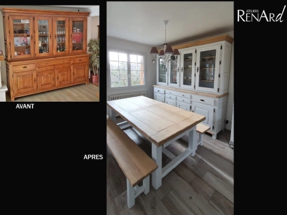 Relooking de meubles de salle à manger, un buffet 2 corps avec vitrine, une table monastère et des bancs. l'ensemble à été peint en blanc avec quelques touches de vernis aspect bois naturel