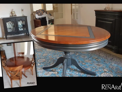 Relooking d'un meuble buffet et table. l'ensemble à été peint en gris foncé et patiné en noir. Le plateau à été vernis