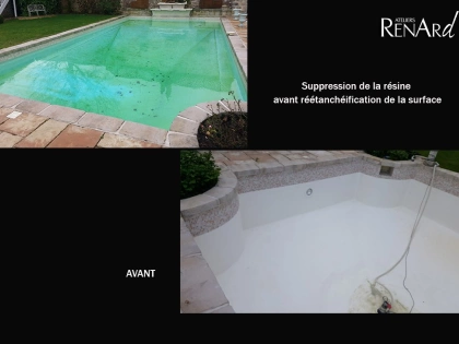 Décapage par aérogommage et d'un fond de piscine en pierres