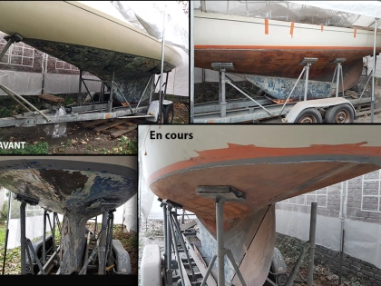 Décapage par aérogommage d'une coque de bateau en bois