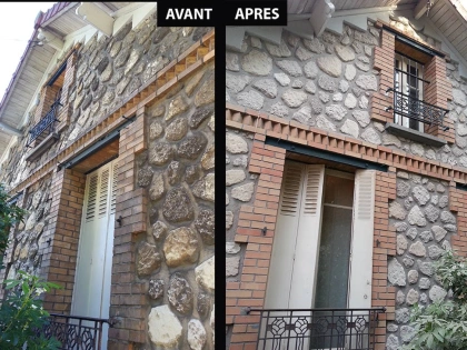 Décapage par aérogommage et nettoyage d'une façade de maison en pierres