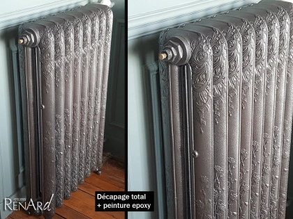 Décapage par aérogommage d'un radiateur en fonte rococo et finition peinture époxy métallisée