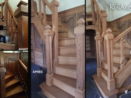 Décapage par aérogommage d'un escalier en bois