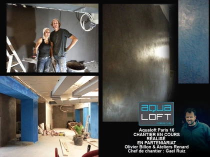 Béton ciré sur murs de Aqua loft réalisés avec les Ateliers Renard