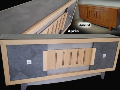 Relooking d'un buffet. Multi-matières, patine, béton et vernis incolore