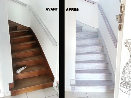 Relooking d'un escalier. Patine usée 2 tons