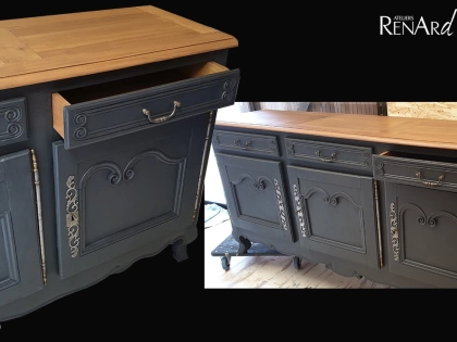 Relooking d'un meuble buffet. Vernis bois teinté et peinture noire