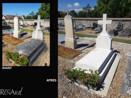 L'avant et l'après du nettoyage par aérogommage d'une tombe en pierres