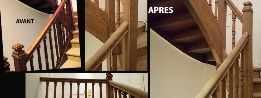 Décapage par aérogommage d'un escalier en bois