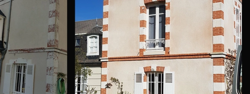 Décapage par aérogommage et nettoyage d'une façade de maison en pierres et en briques
