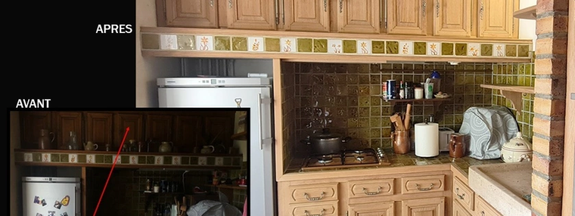 Relooking de cuisine poutres et meubles. Bois vernis aspect bois naturel