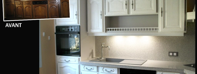 Peinture décorative et relooking de cuisine. Peinture patinée gris et blanc