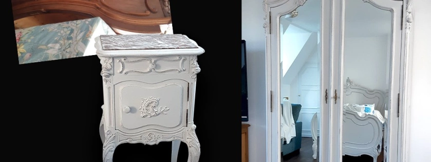 Relooking de meubles de chambre. Avec une patine usée lin et bois