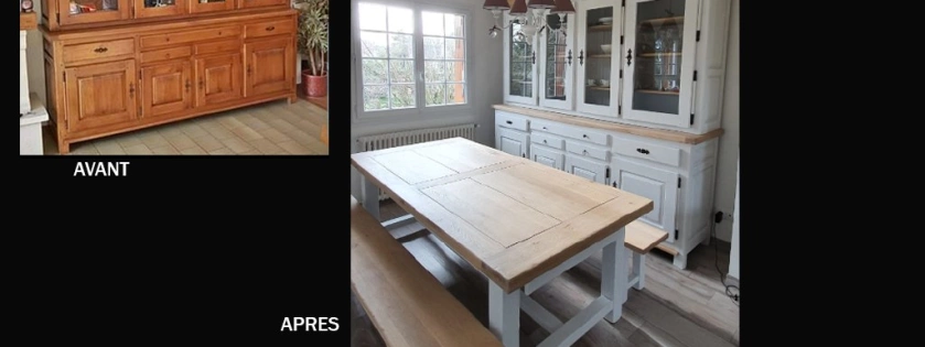 Relooking de meubles de salle à manger, un buffet 2 corps avec vitrine, une table monastère et des bancs. l'ensemble à été peint en blanc avec quelques touches de vernis aspect bois naturel