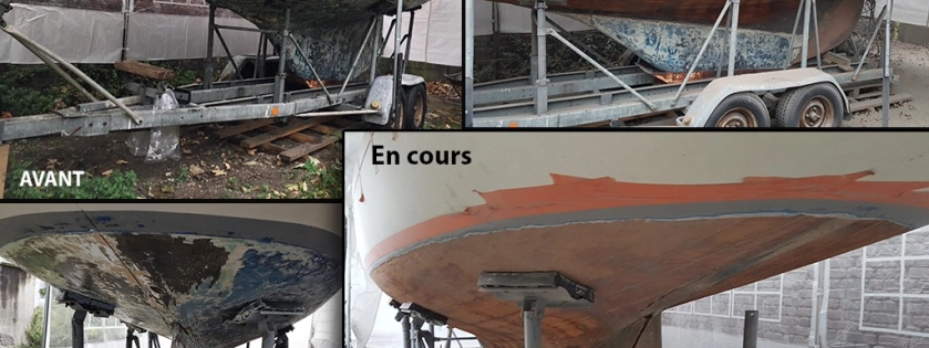 Décapage par aérogommage d'une coque de bateau en bois