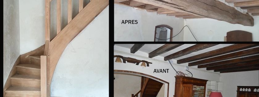 Décapage par aérogommage de poutres et escaliers en bois