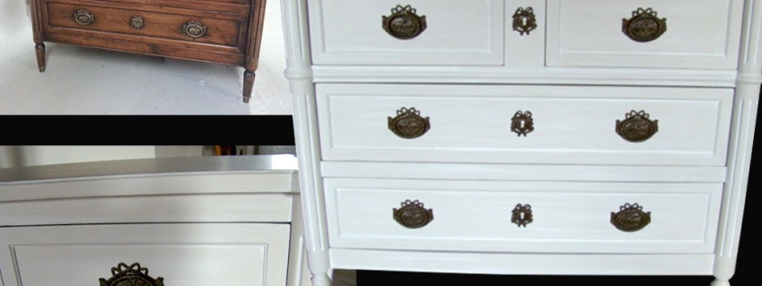 Relooking d'une commode. Peint en gris clair et patiné blanc