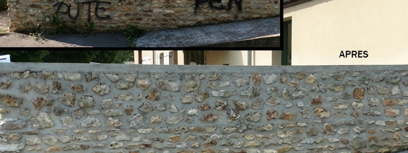 Décapage par aérogommage et nettoyage de graffitis d'un mur en pierres