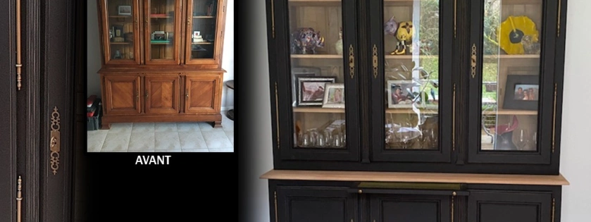 Relooking d'un buffet 2 corps avec vitrine. L'ensemble à été peint en noir, les ferrures peintes en laiton et le plateau vernis