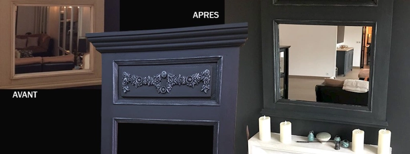 Relooking d'un meuble miroir. Peinture noir bleuté avec patine à sec finition vernis mat