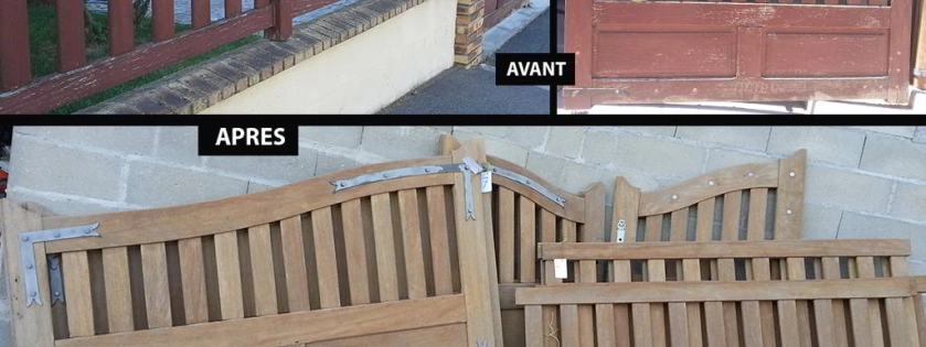 Décapage par aérogommage de portail en bois