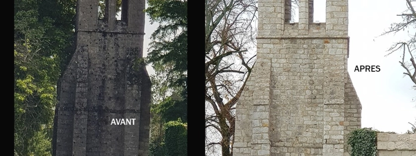 Décapage par aérogommage et nettoyage d'une arche de château en pierres