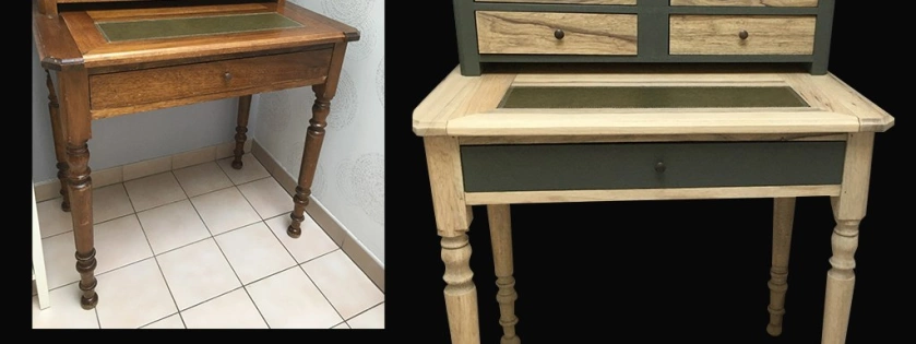 Relooking d'un meuble secrétaire. Peinture vert kaki et vernis aspect bois brut