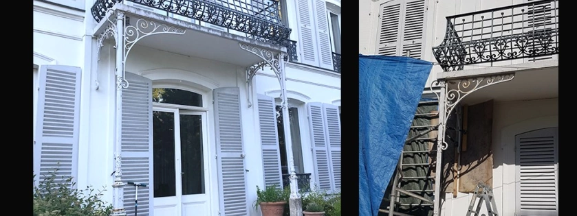 Décapage par aérogommage de grilles et garde corps de balcon en métal