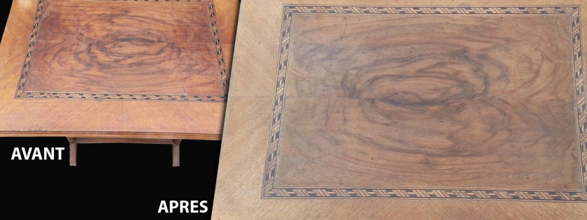 Décapage par aérogommage d'une meuble en marqueterie