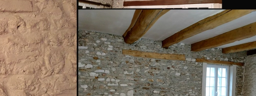 Décapage par aérogommage de poutres en bois et mur en pierres peintes