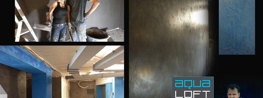 Béton ciré sur murs de Aqua loft réalisés avec les Ateliers Renard