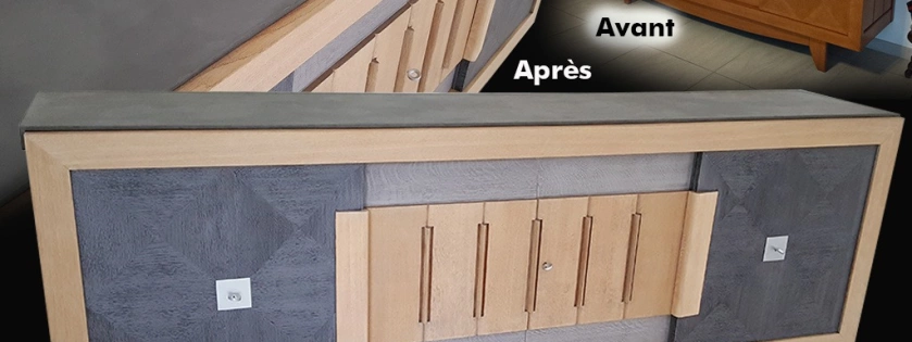 Relooking d'un buffet. Multi-matières, patine, béton et vernis incolore