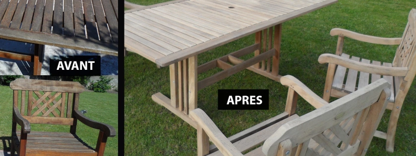 décapage par aérogommage d'un salon de jardin en bois