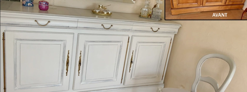 Relooking de meubles de salle à manger. Avec une patine usée blanc et gris